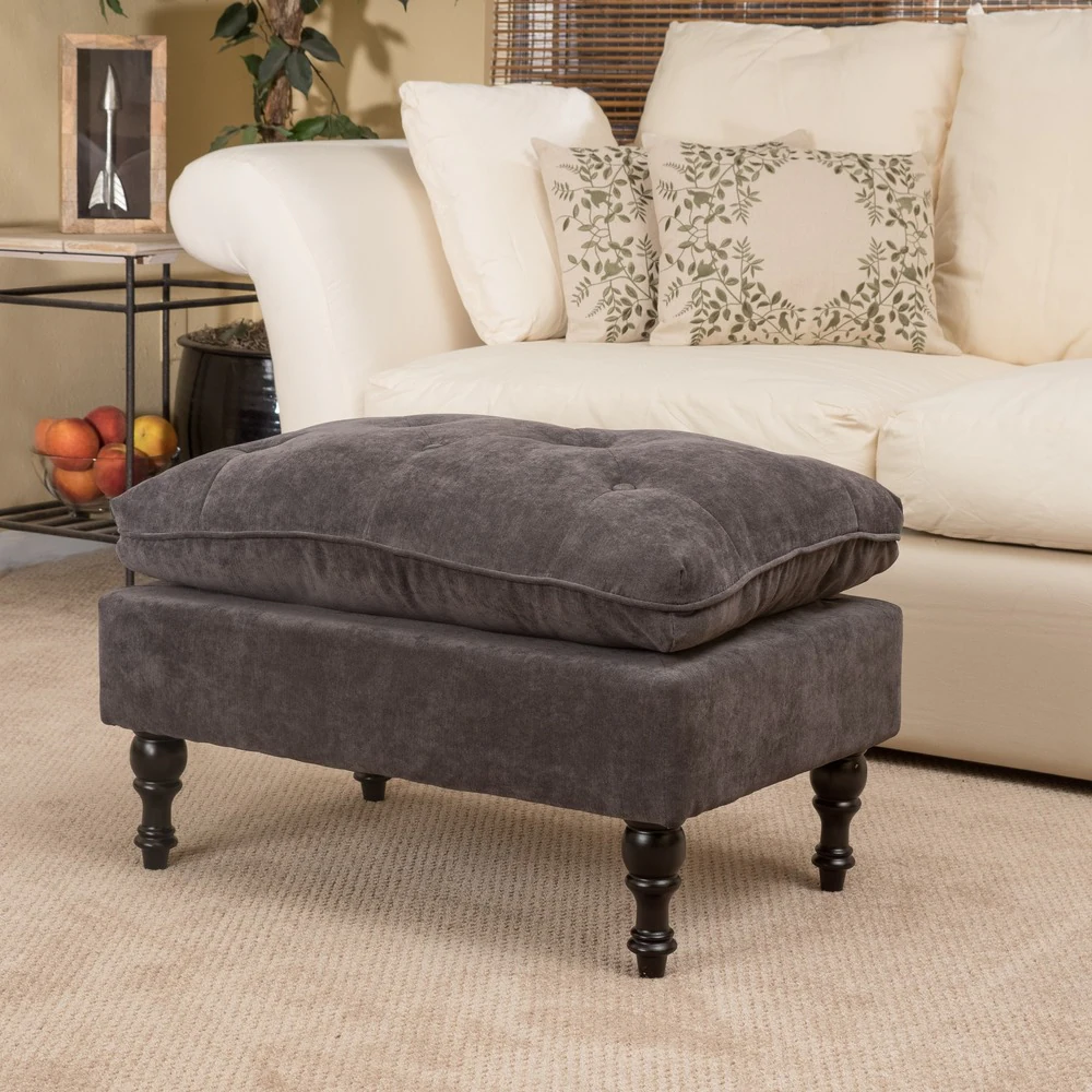 Everett Tufted Cushion Ottoman in Charcoal Chenille with Espresso Wood Legs by Wooden Karigar