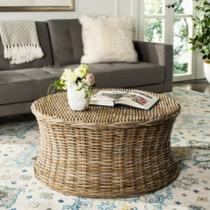 Catalina Round Woven Natural Rattan Coffee Table in Grey Wash by Wooden Karigar
