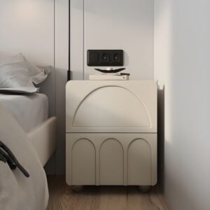 Arco Bedside Table – Frosted Almond Finish | Solid Wood Arched Bedside Table with Drawer