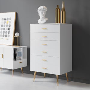 Aria 5-Drawer Tall Dresser in White with Polished Gold Legs by Wooden Karigar