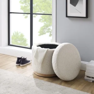 Kova Round Bouclé Storage Ottoman in Cream White by Wooden Karigar