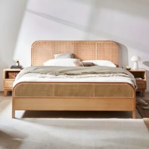 Elara Solid Wood Cane Platform Bed with Natural Oak Finish by Wooden Karigar