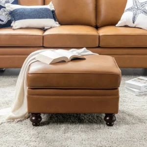 Livingston Traditional Ottoman in Cognac Brown Faux Leather with Espresso Wood Legs by Wooden Karigar