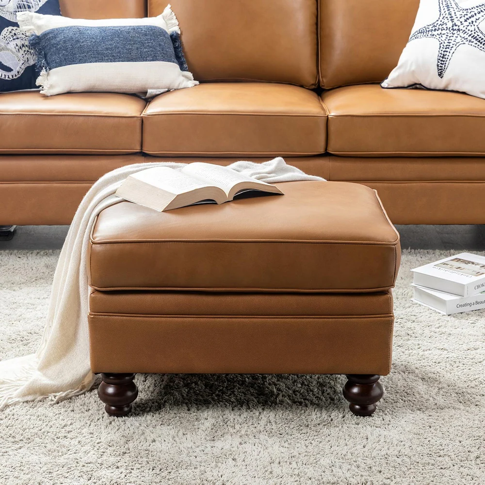Livingston Traditional Ottoman in Cognac Brown Faux Leather with Espresso Wood Legs by Wooden Karigar