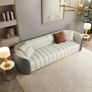 Celeste Modern Barrel Chesterfield Sofa in Cream and Gray by Wooden Karigar