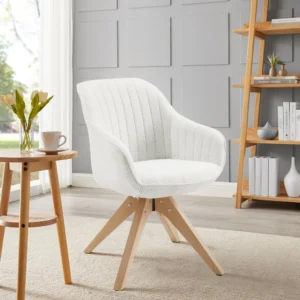 Rylen White Textured Swivel Accent Chair with Natural Oak Wood Base by Wooden Karigar