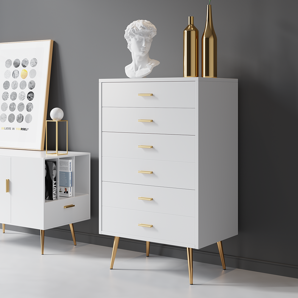 Aria 5-Drawer Tall Dresser in White with Polished Gold Legs by Wooden Karigar