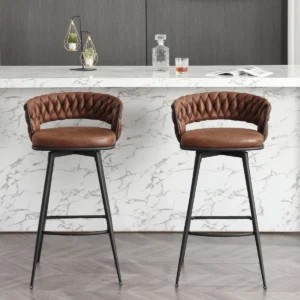 Lorenzo Woven-Back Swivel Bar Stool in Distressed Cognac and Matte Black by Wooden Karigar