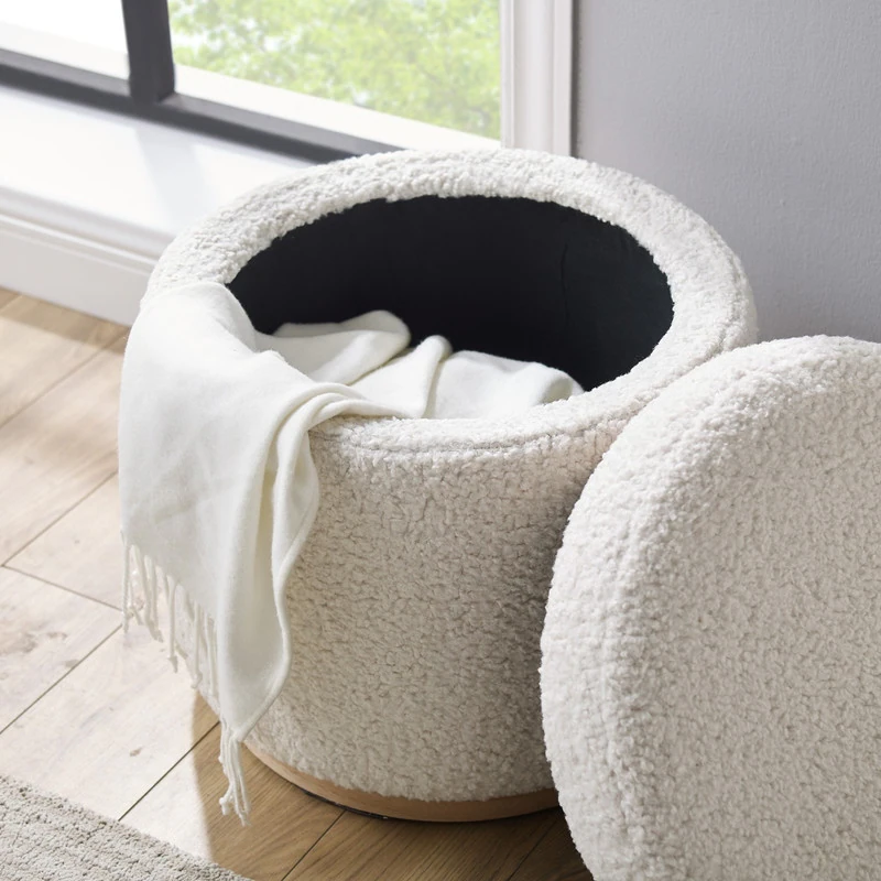 Kova Round Bouclé Storage Ottoman – Cream White | Wooden Karigar - Image 2
