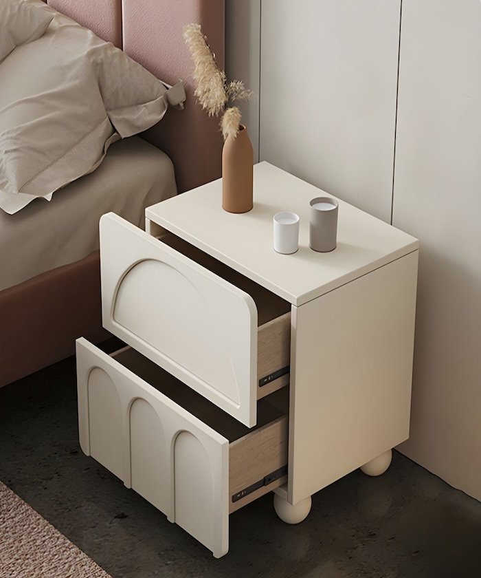 Arco Bedside Table – Frosted Almond Finish | Solid Wood Arched Bedside Table with Drawer - Image 3