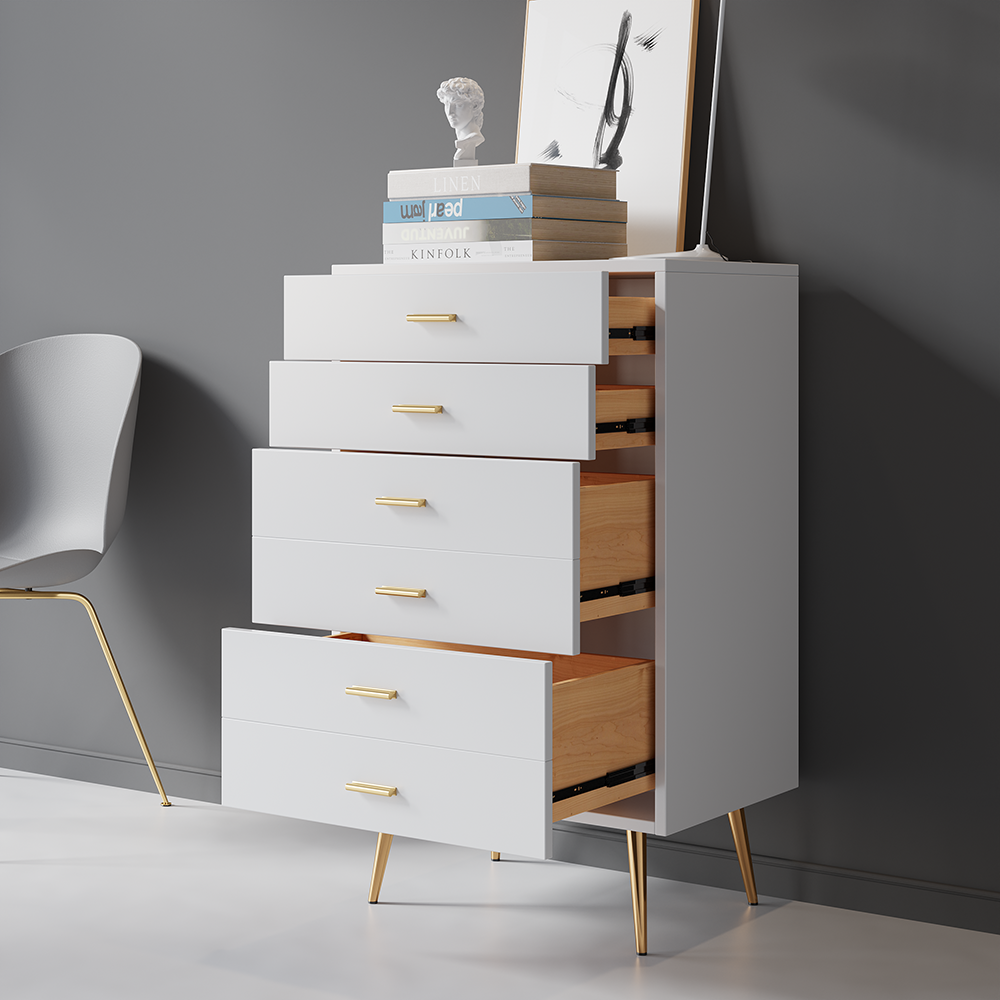 Aria 5-Drawer Tall Dresser – White & Gold | Wooden Karigar - Image 3