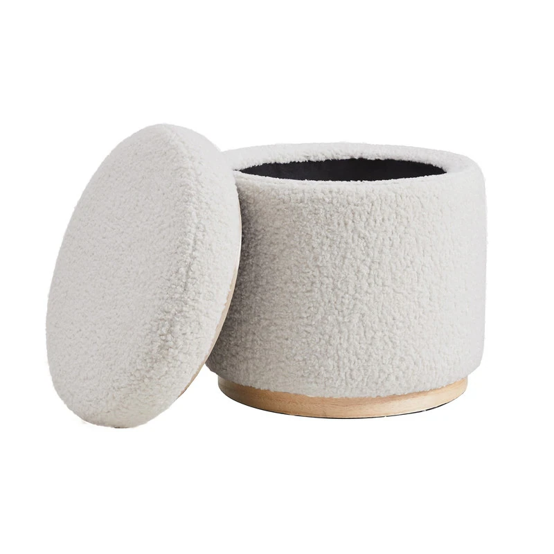 Kova Round Bouclé Storage Ottoman – Cream White | Wooden Karigar - Image 5