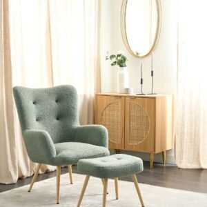 Luna Sage Green Bouclé Armchair with Ottoman and Natural Wood Legs by Wooden Karigar